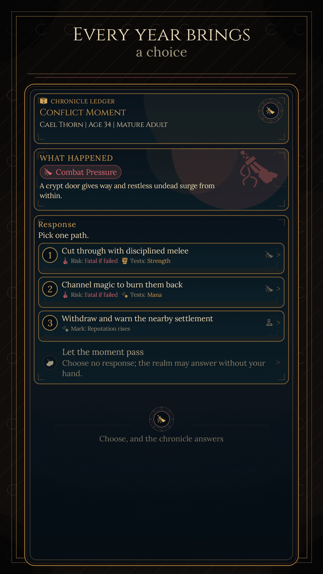 Fateborn choice screen showing a conflict moment and three possible responses