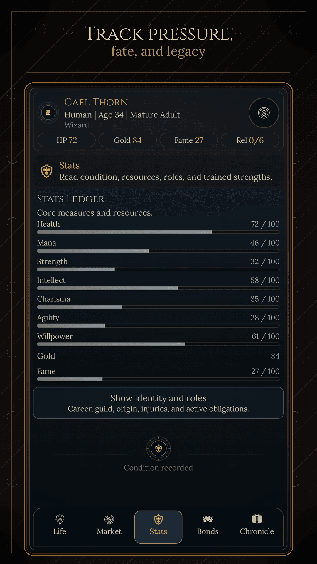 Fateborn character status screen